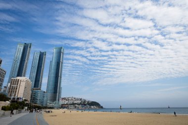 Busan Güney Kore 'de gökdelenli Haeundae Sahili manzarası
