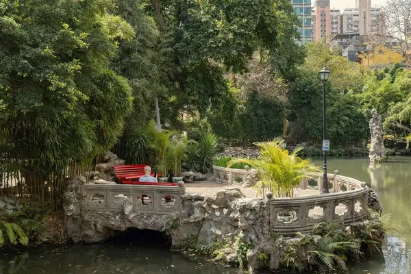 Güzel bir göl ve Makao 'daki Lou Lim Ieoc Garden terası.