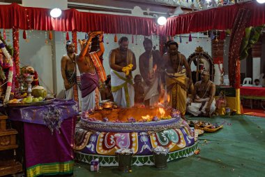 Hindu Brahmanlar Singapur 'daki Sri Mariamman Tapınağı' nda Puja 'yı sahneliyorlar.