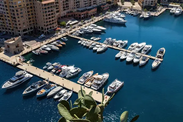 Monako şehrindeki liman, kasaba ve yatların havadan görüntüsü.