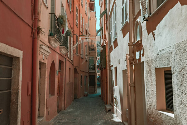 Old town of Monaco city, Monaco-Ville, narrow street with old traditional houses
