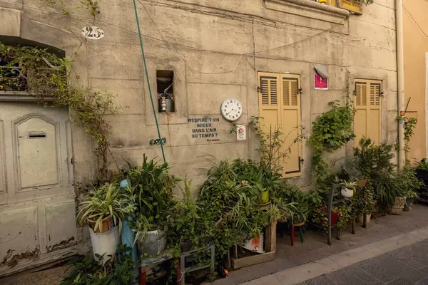 Marsilya 'nın Le Panier bölgesinde çiçeklerle süslenmiş eski bir bina duvarı.