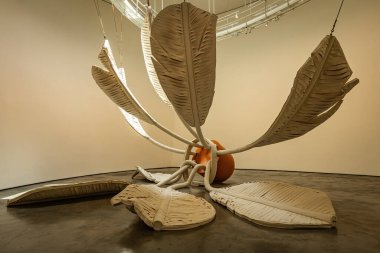 BILBAO, SPAIN - July 3, 2024: Giant shuttlecock sculpture in Bilbao Guggenheim Museum in Basque region, created by Claes Oldenb, Spain