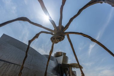 BILBAO, SPAIN - 3 Temmuz 2024: Bilbao İspanya 'daki Guggenheim Müzesi yakınlarındaki Elizabeth Bourgeois' in Örümcek Heykeli