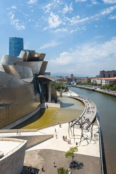 BILBAO, SPAIN - 3 Temmuz 2024: İspanya Köprüsü 'nden Guggenheim Bilbao Müzesi' nin havadan görünüşü
