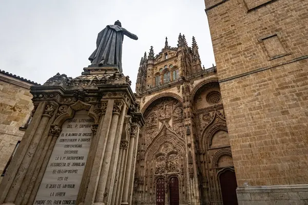 SALAMANCA, İspanya - 3 Temmuz 2024: Fray Luis de Len 'in heykeli Yeni Salamanca Katedrali' nin önünde duruyor Gotik ve Barok mimarisinin bir başyapıtı