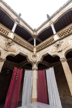 SALAMANCA, İspanya - 3 Temmuz 2024 Eski Salamanca kasabasındaki Casa de las Conchas 'ın içinde