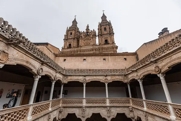 SALAMANCA, İspanya - 3 Temmuz 2024 Eski Salamanca kasabasındaki Casa de las Conchas 'ın içinde