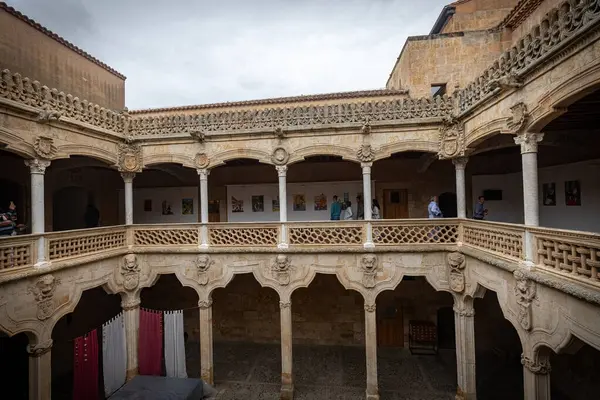 SALAMANCA, İspanya - 3 Temmuz 2024 Eski Salamanca kasabasındaki Casa de las Conchas 'ın içinde