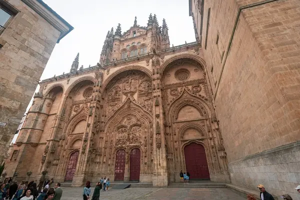 SALAMANCA, İspanya - 3 Temmuz 2024: Salamanca Katedrali 'ndeki Yeni Katedral Cephesi Nueva İspanya