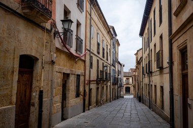 SALAMANCA, İspanya - 3 Temmuz 2024: Salamanca eski tarihi şehir sokağı ve Eski Salamanca İspanya 'daki evler