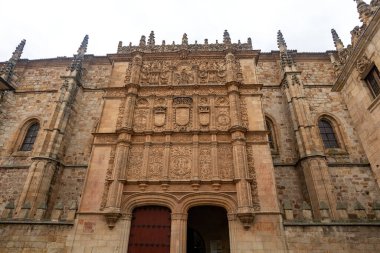 SALAMANCA, İspanya - 3 Temmuz 2024: Avrupa 'nın en eski üniversitelerinden biri olan Salamanca Üniversitesi' nin Plateresk maskaralığı