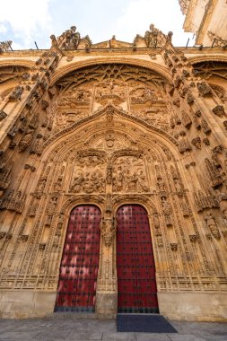 SALAMANCA, İspanya - 3 Temmuz 2024: Yeni Salamanca Katedrali 'nin ön cephesinde ayrıntılı Gotik ve Plateresk taş oymaları ile Puerta de Ramos yer almaktadır.