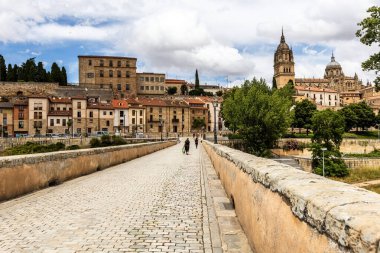 SALAMANCA, İspanya - 3 Temmuz 2024: Roma Köprüsü ve İspanya 'nın Yeni Salamanca Katedrali' nin tarihi ufuk çizgisi üzerinde dramatik bulutlar
