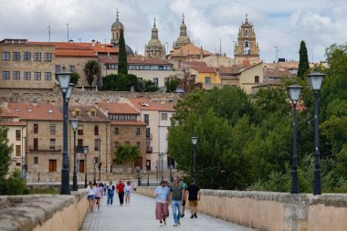 SALAMANCA, İspanya - 3 Temmuz 2024: Roma Köprüsü ve İspanya 'nın Yeni Salamanca Katedrali' nin tarihi ufuk çizgisi üzerinde dramatik bulutlar