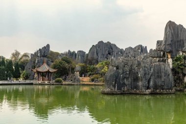 Yunnan 'daki Shilin Stone Ormanı' nda etkileyici bir göl ve taş manzarası var.