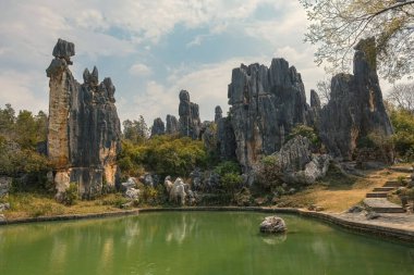 Yunnan 'daki Shilin Stone Ormanı' nda etkileyici bir göl ve taş manzarası var.