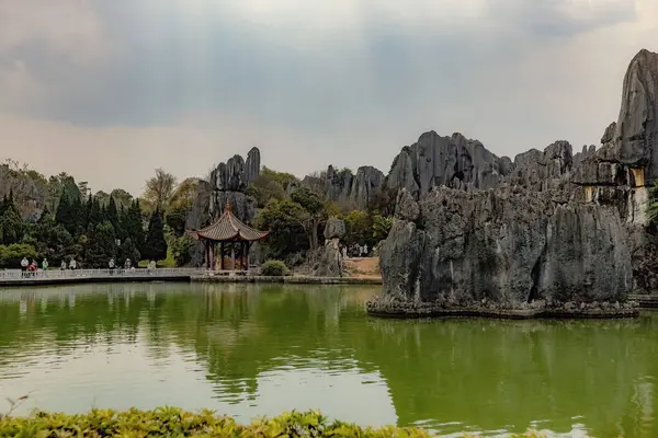 Yunnan 'daki Shilin Stone Ormanı' nda etkileyici bir göl ve taş manzarası var.