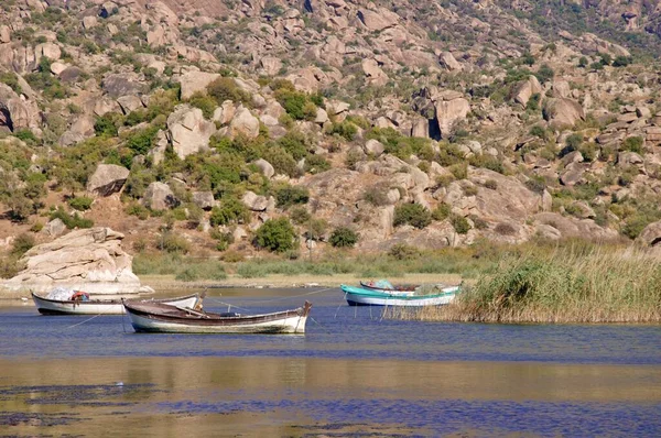 Fishing Boats Moored Shore Lake Bafa Turkey — Stok fotoğraf