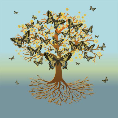 A tree of life, also called yggdrasil, with swallowtail butterflies in the crown. The roots of the tree are visible. clipart