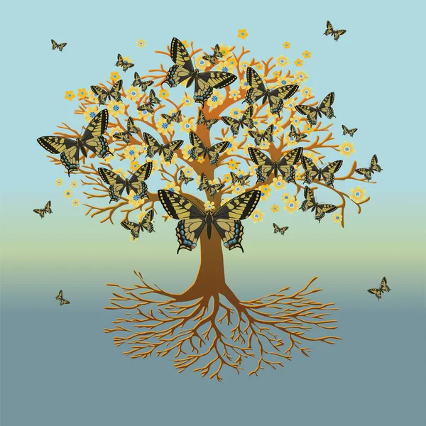 一棵生命树 也叫Yggdrasil 皇冠上有燕尾蝶 树的根是看得见的 — 图库矢量图片#