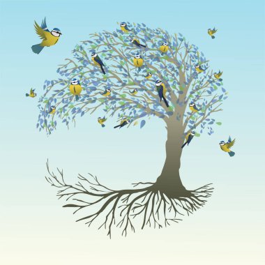 A tree of life, also called yggdrasil, with bluetit birds in the crown. The tree is moon shaped and had also bluish leafs. The roots of the tree are visible. clipart