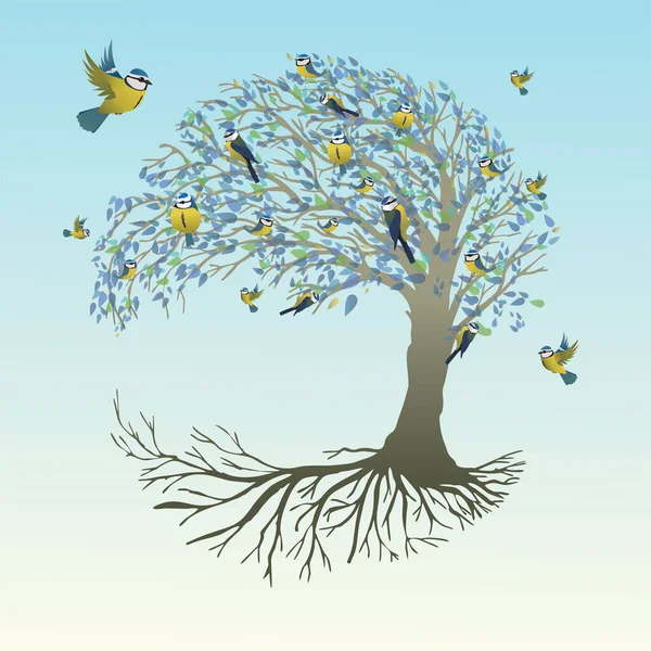 一棵生命之树 也叫Yggdrasil 皇冠上有蓝色的小鸟 这棵树是月亮形的 也有蓝色的叶子 树的根是看得见的 — 图库矢量图片#