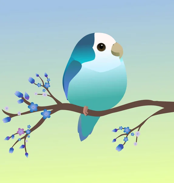 一只非常可爱的蓝色玫瑰脸的爱情鸟 形似一只蛋 柔和的蓝色绿色渐变背景 这只鸟栖息在开着蓝色花朵的树枝上 — 图库矢量图片