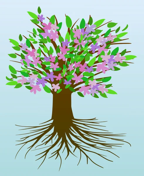 Árbol Vida Con Flores Color Rosa Púrpura Hojas Verdes Fondo — Archivo Imágenes Vectoriales