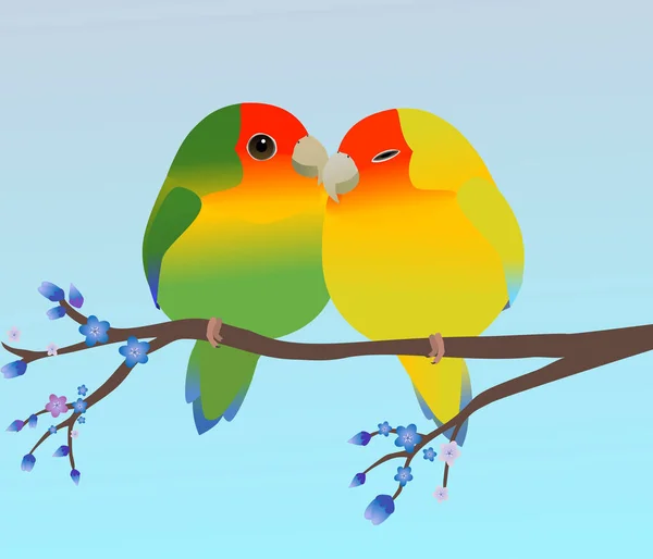 卵の形をした2つのとてもかわいいロージー顔の恋人 一つは緑色のバリエーションで もう一つは黄色です 一緒にカドリング ソフトブルーグラデーションの背景 鳥は青い花で枝に覆われています — ストックベクタ
