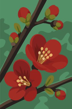 Koyu dallarda açan kırmızı çiçeklerin, yeşil yapraklı arka planda sergilenen stilize bir çizimi..