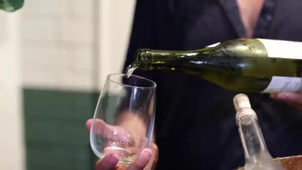 Μπάρμαν Ρίχνει Κρύο Λευκό Κρασί Ένα Ποτήρι — Αρχείο Βίντεο
