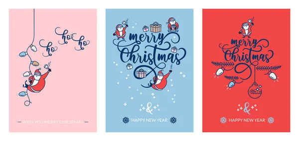 サンタクロースとメリークリスマスとハッピーニューイヤーグリーティングカードのセット 冬休みだ ピンク 赤の背景 — ストックベクタ