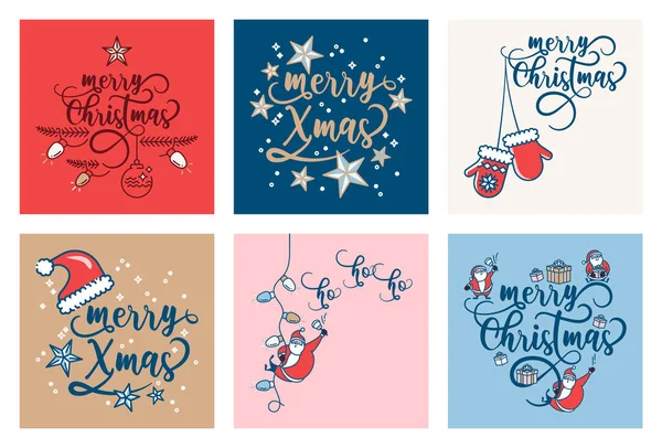 Állítsa Boldog Karácsonyt Boldog Évet Üdvözlő Kártyák Mikulás Kalap Kesztyű — Stock Vector
