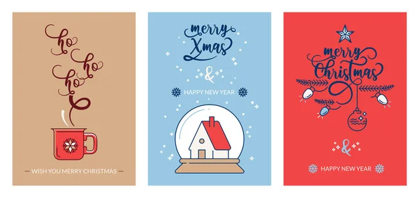 メリークリスマスとハッピーニューイヤーのグリーティングカードのセット 冬休みだ シナモン ブルー レッドの背景 — ストックベクタ