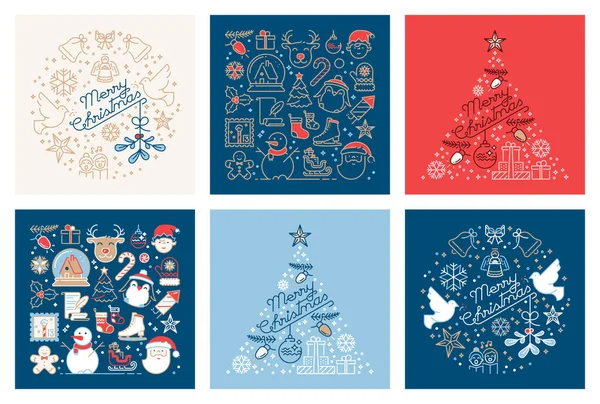 Antecedentes Sobre Navidad Con Iconos Tarjetas Felicitación Azules Rojas Canela — Archivo Imágenes Vectoriales