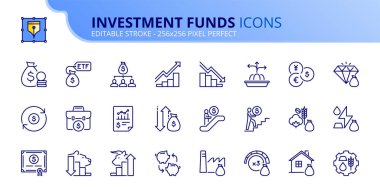 Yatırım fonuyla ilgili çizgiler. Finansal konsept. ETF, yatırım fonları, mallar ve hisse senetleri gibi ikonlar içerir. Düzenlenebilir vuruş vektörü 256x256 piksel mükemmel