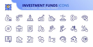 Line icons about investment fund. Financial concept. Contains such icons as ETF and mutual funds, commodities and stock. Editable stroke Vector 256x256 pixel perfect clipart