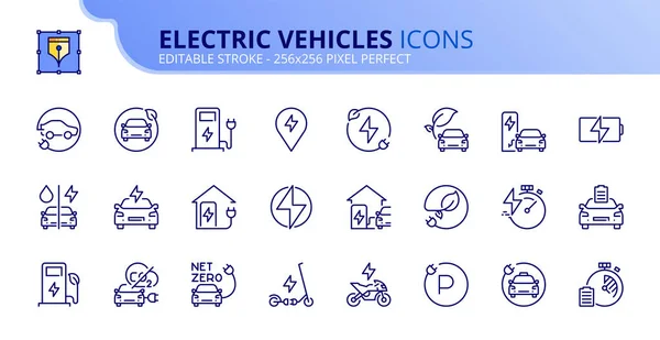Vonalikonok Elektromos Járművekről Fenntartható Fejlődés Tartalmaz Olyan Ikonokat Mint Elektromos — Stock Vector