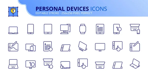 Zeilensymbole Über Persönliche Geräte Enthält Symbole Wie Handy Tablet Lesegerät — Stockvektor