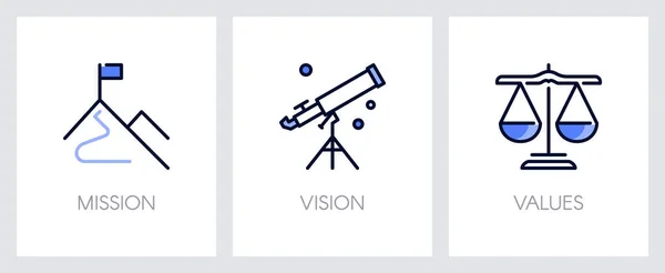 公司的使命 愿景和价值观 商业概念 网页模板 带有蓝色图标的隐喻 如目标 望远镜 新地平线和天平对 — 图库矢量图片