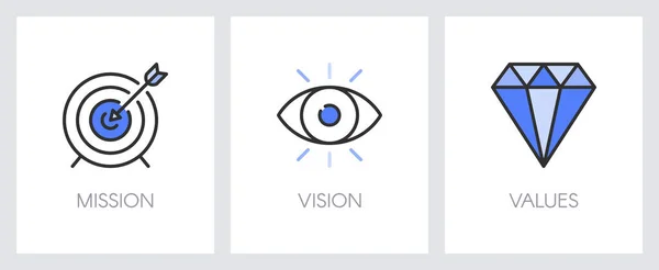 公司的使命 愿景和价值观 商业概念 网页模板 带有蓝色图标的隐喻 如仪表板 眼睛和钻石 — 图库矢量图片