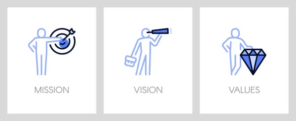 公司的使命 愿景和价值观 商业概念 网页模板 有蓝色图标的隐喻 如飞镖 望远镜 钻石和商人 — 图库矢量图片