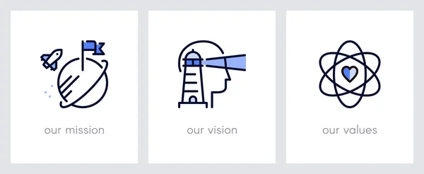 我们的使命 远见和价值观 商业概念 网页模板 带有蓝色图标的隐喻 如火箭着陆 灯塔和核心值 — 图库矢量图片