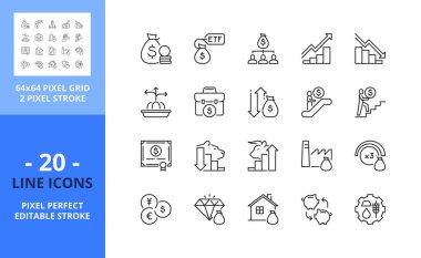 Yatırım fonuyla ilgili çizgiler. Finansal konsept. ETF, yatırım fonları, mallar ve hisse senetleri gibi ikonlar içerir. Düzenlenebilir felç. Vektör - 64 piksel mükemmel ızgara