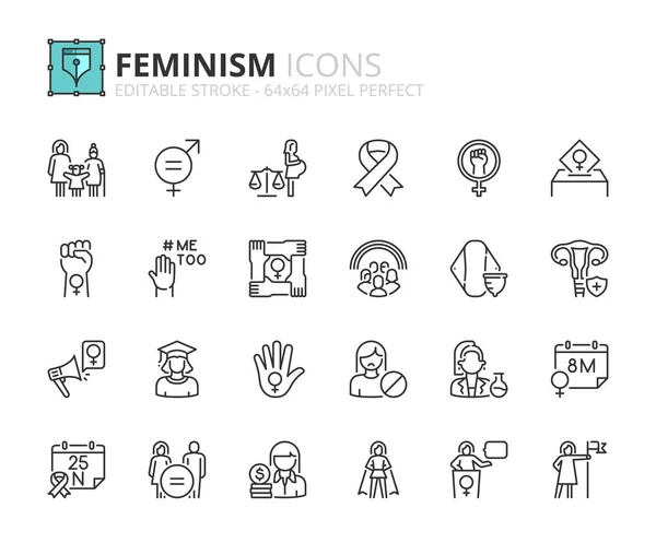 フェミニズムに関する線のアイコン ジェンダー平等 女性の権利 女の子の力などのアイコンが含まれています 編集可能なストロークベクトル64X64ピクセル完全 ロイヤリティフリーストックベクター