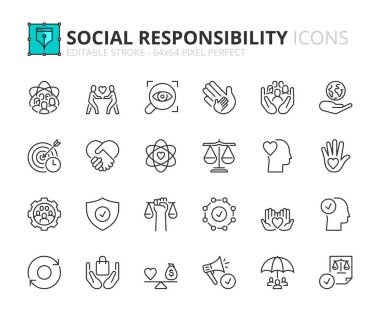 Line icons  about corporate social responsibility. Contains such icons as core values, transparency, impact, ethical business and trust. Editable stroke Vector 64x64 pixel perfect