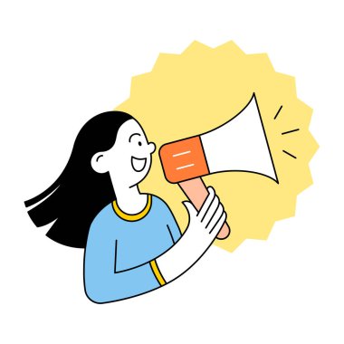 Illustration about business concept with people in business activities. Woman with a megaphone. Marketing and promotion.