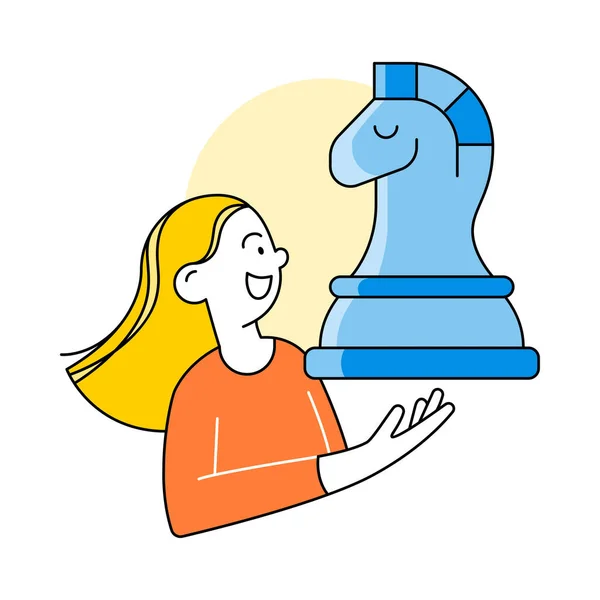 ビジネス活動の人々とのビジネスコンセプトについてのイラスト 騎士のチェス駒を持つ女性 ロイヤリティフリーのストックイラスト
