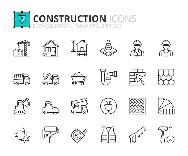 Ícones Linha Sobre Construção Contém Ícones Como Arquitetura Trabalhadores Materiais Vetores De Bancos De Imagens